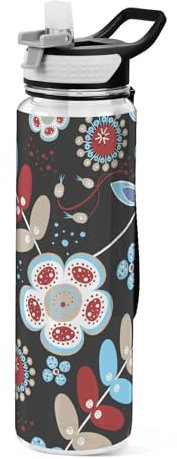 Mnsruu Transparente Sport-Wasserflasche mit Strohhalm, auslaufsichere Trinkflasche, Boho-Hippie-Blume, Power-Fahrradflaschen für Sport, Büro, Schule, BPA-freier Tritan-Kunststoff, 1 Liter