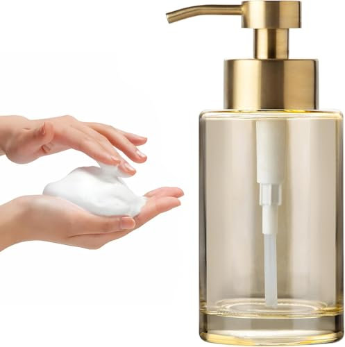 Enra Dispenser di sapone in schiuma, 12 oz in vetro spesso dorato, con pompa in acciaio inox, moderna bottiglia in vetro spesso per bagno e cucina