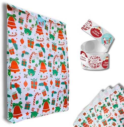 12 Sobres Papel Regalo Infantil 40x25x5 cm+16 etiquetas navidad|Sobres Kraft para Navidad|Papel Navideño,Decoración del Árbol y Hogar|Kit de Envolver regalos Reyes Magos y Christmas Wrap (Blanco/Rojo)