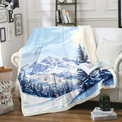 Homewish Winter Fleece Decke Ski Lift Mit Tannenbäumen Fuzzy Decke für Jungen Mädchen Schnee Berg Plüsch Bett Decken150x200cm,Natürliche Landschaft Thema Wurf Decke für Bett Sofa Couch