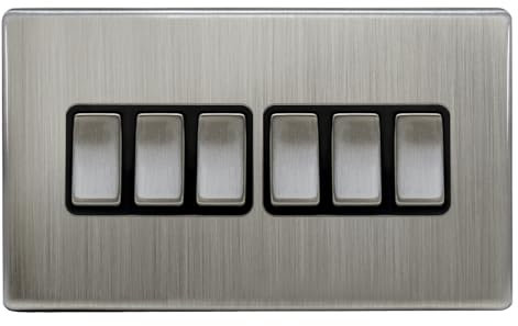 Light Switch 6 Gang 2 Way Brushed Chrome Wall Switch Screwless Plate Gloss Finish N310DME