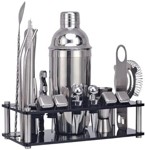 CHFYIJYHM Juego de coctelera, con doble jigger, soporte de exhibición, kit de cóctel, excelentes juegos de regalo de cóctel for el hogar, bar, fiesta, Navidad, herramientas de barra de Acción de Graci