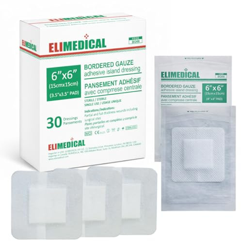 ELIMEDICAL Steriles Klebendes Inselverband mit umrandeter Gaze – Gaze-Pads, Wundauflage mit Kleberand – Steril, weich & hochabsorbierender Wundverband (6x6 (15x15cm))