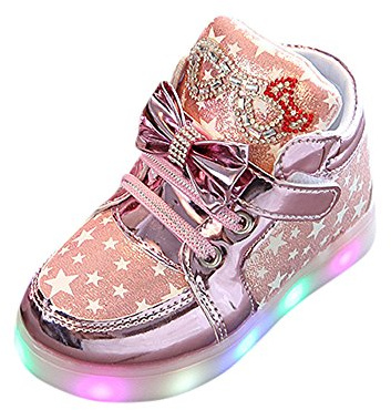 Girls Light Up Shoes Bow Star Printed High Top Toddler Glitter Sneakers Sequins Casual Soft Flat Sole Little Kid Flashing Trainers Lightweight Boot Outdoor (Pink, 5.5 Infant)