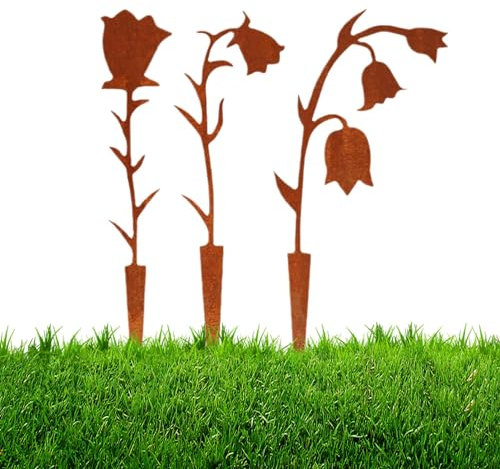 SVCEQZE Juego de 2 estacas de metal para silueta de flores, silueta de lirio del valle, estacas decorativas para jardín, adornos de jardín de metal oxidado, estacas decorativas de flores de patio