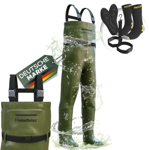 Heimfleiss® Wathose Herren Wasserdicht mit Stiefel (Gr. 45) | Unisex Nylon Anglerhose inkl. Zubehör | rutschfeste Fischerhose zum Angeln oder zur Teichreinigung | Wader Watthose Teichhose Angelhose