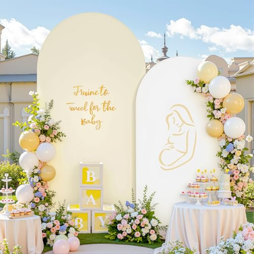 Weiß und Beige Bogen-Hintergrundabdeckung, 2er-Set, Party, Hochzeit, dehnbare Hintergrundabdeckung, 2,19 m / 1,83 m, Dekorationen, Babyparty, Brautparty, Foto, Geburtstag, Bogenständer-Abdeckung