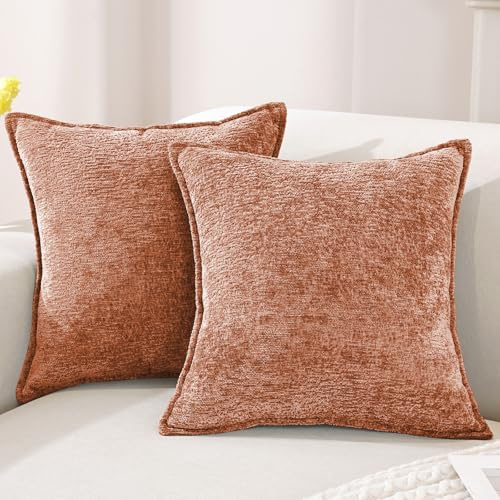 YSTELLAA Chenille Kuddfodral 2 Stycken, 45×45cm, Mjukt Kuddöverdrag Med Osynlig Dragkedja, Tvättbart Fyrkantiga Modern Kuddskydd, Överdrag För Prydnadskudde För Soffa Hem Sovrum, Rostbrun