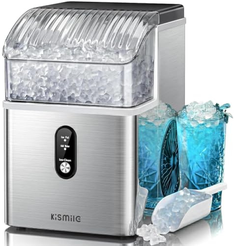 Kismile Nugget Machine à glaçons portable avec glace pilée, 15,9 kg/jour, autonettoyante, opération en un clic pour un usage domestique (argent)