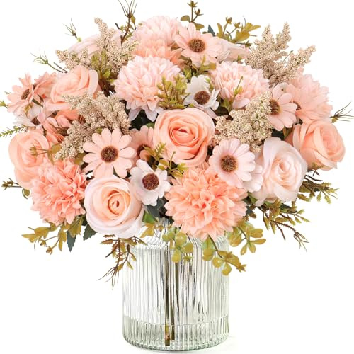 MEIVINES Künstliche Blumen 4 Bündel Kunstblumen Wie Echt | Künstlich Blumenstrauß Seide Kunstrosen Blumenstrauß Künstlich Seidenblumen Champagner Blumen für Hochzeit Küche Dekor