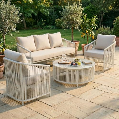 IDIMEX Outdoor Sofa Set KULO 4-teilig, weiß/beige – Lounge-Set aus Aluminium mit Rope-Bespannung, Couchtisch mit Glasplatte, inklusive 5 bequemer Kissen, wetterfest für Balkon Terrasse Garten