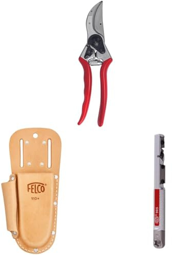 FELCO 2 Gartenschere mit Lederholster 910+ und Schärfwerkzeug 905 – Komplettset für intensiven Schnitt, langlebig, ergonomisch und professionell