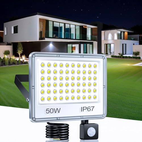 TASINUO LED Strahler mit Bewegungsmelder Außen 50W 5000LM Außenleuchte, 1PC | LED Scheinwerfer mit Bewegungsmelder IP67 Wasserdichte, Außenleuchte mit Bewegungsmelder 6500K für Lager Garten Garage Keller