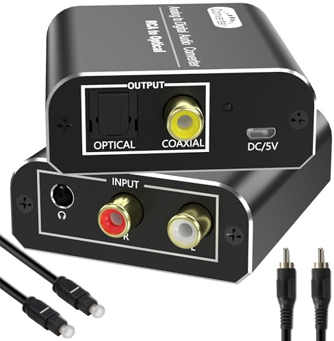 Analog to Digital Audio Converter, RCA & 3.5mm to Optical Toslink Coaxial, Stereo L/R to Digital Audio Adapter with Optical Cable, Aluminum Housing, for PS4, Xbox, HDTV, DVD, Headphones