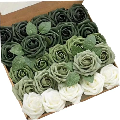 CGTQROVR Rosas Verdes Flores Artificiales, 25 Piezas de Espuma Realista Flores Verdes con Tallo, Rosas Artificiales para Ramos de Boda de Bricolaje centros de Mesa de Despedida de Soltera
