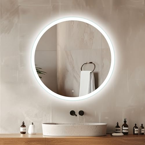 Venti 50 cm Badrumsspegel med Belysning, Rund LED Badrumsspegel, LED Väggspegel, Spegel för Badrum med Modern Design och Touchsensor med Naturlig vit Bakgrundsbelyst på Framsidan