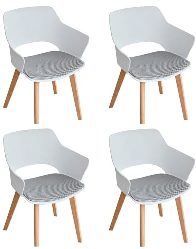 GrandCA HOME Juego de 4 Sillas de Cocina Nórdicas, Silla de Comedor con Patas de Madera Maciza, Sillas Tapizadas para Dormitorio, Sala de Estar, Cocina,Blanco-N