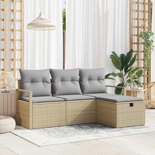 Tonture Poly-Rattan Sofa Set mit Kissen, 4-teilig, Beige Hellgrau, Modular, UV-beständig, Wetterfest, für Garten, Terrasse, Balkon, Outdoor Patio Möbel Set