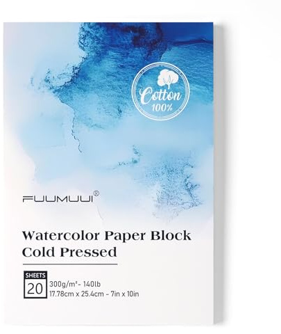 Fuumuui Watercolor Paper Block 7x10 Inch, 100% Cotton Paper Pad, 20 Sheets, Cold Pressed, Acid-Free, 140 lb/300gsm for Painting, Drawing, Art Journaling, Professional Artist Quality