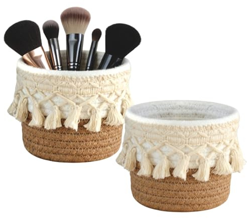 HDFHDF 2 recipientes para pinceles de maquillaje, soporte para brochas de maquillaje, cesta de almacenamiento trenzada, cestas pequeñas tejidas a mano, cestas tejidas a mano, acabado de escritorio