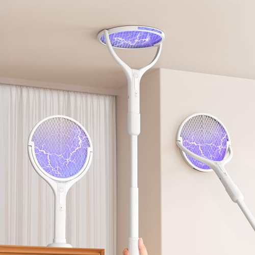 BKXCHA Racchetta Zanzare Elettrica con Asta Telescopica & Testa Rotante, 4000V 1800mAh Racchetta Antizanzare Ricaricabile, Tripla Rete di Protezione, 2 in 1 LED Lampada Zanzare per Interni Esterni
