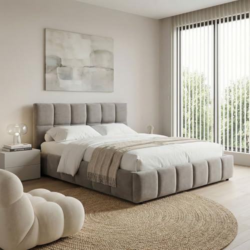 IDIMEX Polsterbett Emilia 180x200 cm, Grau - Bett mit Lattenrost, Bettgestell mit gepolstertem Kopfteil, Stoffbett mit moderner Steppung, Modernes Design und stabile Konstruktion