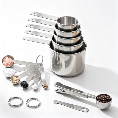 Set de 13 Piezas Tazas y Cucharas Medidoras de Acero Inoxidable, Cuchara Dosificadora Café con Clip, 5 Tazas Medidoras y 6 Cucharas Medidoras con Nivelador, Juego para Cocina y Repostería