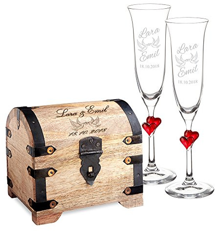 Casa Vivente - Set Cadeau pour Le Mariage - 2 flûtes à Champagne et Coffre d'argent avec Gravure - Personnalisé avec [Noms] et [Date] - Motif Tourtereaux - Cadeau de Mariage - Cadeau pour Couples