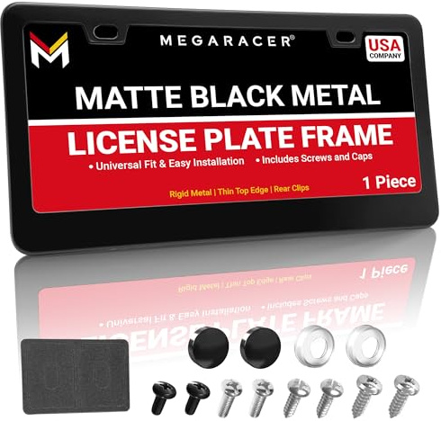 Premium Matte Black License Plate Frame – 1 Piece, Rust-Free Stainless Steel, Rattle-Free, Universal with Screw Caps, Slim-Top Design, Thin Rigid Metal Front or Rear Car Tag Holder - for Men & Women