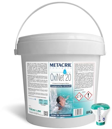 Metacril OxiNet 20 + Dos. Galleggiante, Ossigeno Attivo Past. da 20gr - 5KG | in Pastiglie da 20 gr, a lenta dissoluzione, Ideale per Piscina e Spa Idromassaggio con Dosatore Galleggiante