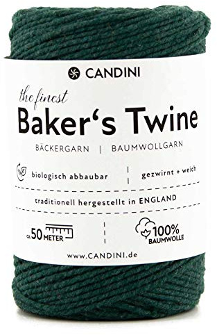 Candini Bäckergarn dunkelgrün - weiches Bastelgarn aus reiner Baumwolle, 50m - Premium Qualität - Baker’s Twine Bastelschnur, Geschenkband - Made in England