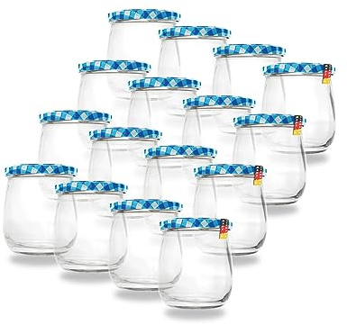 Flaschenbauer - 16x Einmachgläser 417ml - Konservengläser mit TO82 Twist-Off Deckel, inkl. Etiketten - Marmeladengläser, mit Schraubdeckel, Schraubgläser, Joghurtgläser (Blau/Weiß) - Made in Germany