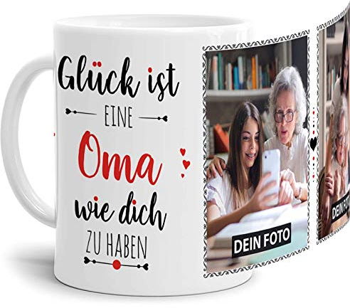 Tassendruck Fototasse mit Spruch für Oma - Glück ist, jemanden wie Dich zu haben - zum Selbst gestalten mit 2 Fotos, Weiß, 300 ml