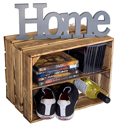 Holzkiste Bella Geflammt 40 x 30 x 25cm - Weinablage, Kindeschuhregal, Bücherregal, Ablageregal - Möbel-Kiste für Wein, Obst, Äpfel (1er Set, Mit Längsbrett)