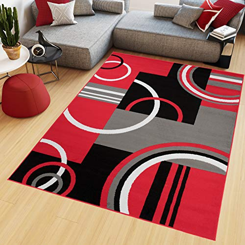 TAPISO Maya Kollektion Teppich Kurzflor Modern Vierecke Kreise Streifen Figuren Design Schwarz Grau Rot Weiß Wohnzimmer Schlafzimmer Büro ÖKOTEX 200 x 300 cm