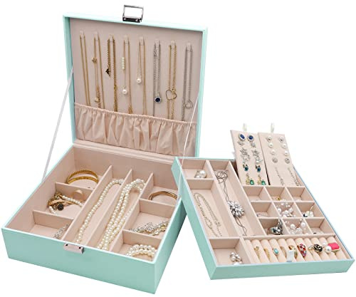 ProCase Caja Organizadora de Joyas, Almacena Collar Pendientes Pulseras Anillos y Otros Accesorios, Estuche Grande Joyero de Cuero PU Doble Capa Apilable para Mujer Niña Dama Novia Amiga -Menta