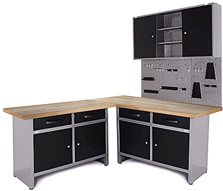 Ondis24 Ensemble de coin pour atelier Iconic One, établi, plan de travail en bois 120 + 60 cm, armoire à outils, panneau mural perforé, ensemble de crochets, métal