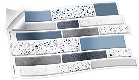 WALPLUS 12pcs(28.5x14cm/11.2x5.5in) 12pcs Terrazzo Silver Touch Blue and Grey Mosaic Wall Tile Sticker Peel&Stick Backsplash Vinyl Home Decors Splashback for Kitchen Bathroom Tile Paint Stick on Wall