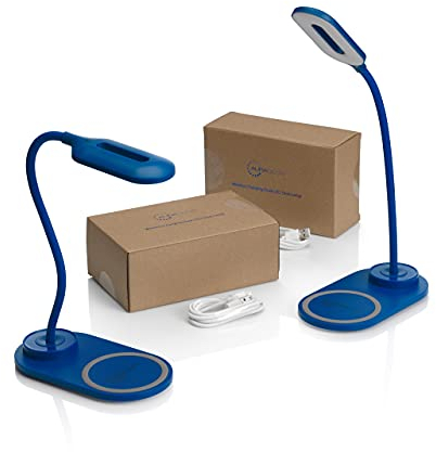 Auraglow Lámpara de escritorio LED flexible con 3 modos de color y cargador rápido Qi de teléfono inteligente inalámbrico de 10 W, azul, paquete de 2