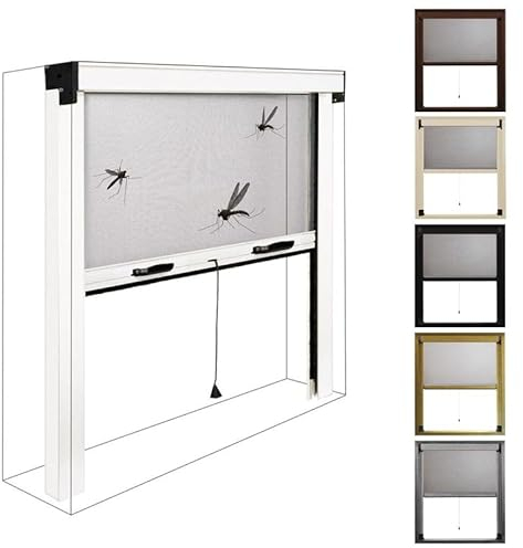 Moustiquaire Fenetre Coulissante Verticale Personnalisable Sur Mesure avec Cadre en Aluminium, Moustiquaire Fenetre Enroulable Brosses Anti-Vent et Filet Anti-Déchirure