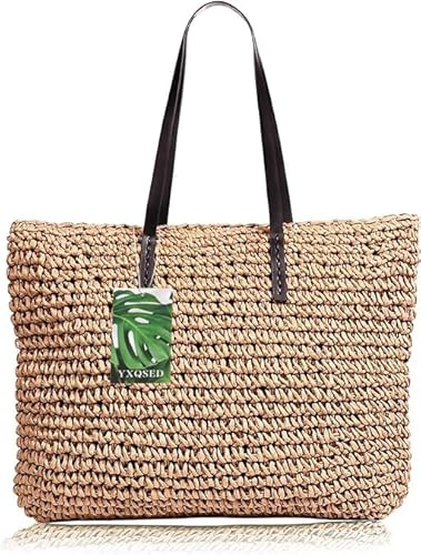 YXQSED Damen Gewebte Tasche Stroh Handtasche -Strandtasche Stroh Sommer Umhängetaschen Handgemachte Schultertaschen für Frauen Groß