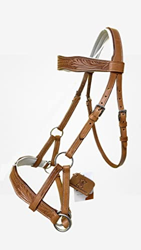 AMAZING HORSE STUFF Sidepull gebisslose Zaumzeug mit Designer-Handschnitzerei auf Stirnband & Nasenriemen gebogen, Naturfarben (Pony)