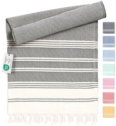 Fit-Flip Hamamtuch aus 100% Baumwolle – saugfähig und schnelltrocknend – türkisches Saunatuch, Strandtuch, Duschtuch, Badetuch, Yogatuch – Anthracite – 200x200cm Diamond