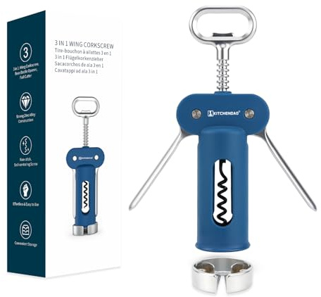 KITCHENDAO Luxury 3 in 1 Wine Opener with Foil Cutter, Beer Bottle Opener, Sturdy Zinc Alloy Wing Corkscrew with Self-centering Non-stick Sharp Screw, Easy to Remove Cork, Manual Corkscrew (Blue)