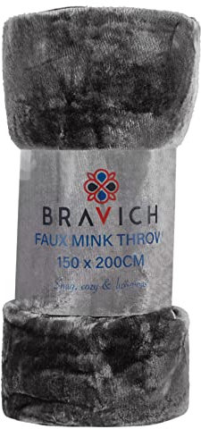 Bravich Soft Faux Mink Throw - Charcoal Grey. Double Size Large Fluffy Blanket For Bed, Sofa & Duvet Bedding Throws. Faux Fur Thick Fleece Throw Blankets For Home - (Charcoal, Double, 150x200cm).