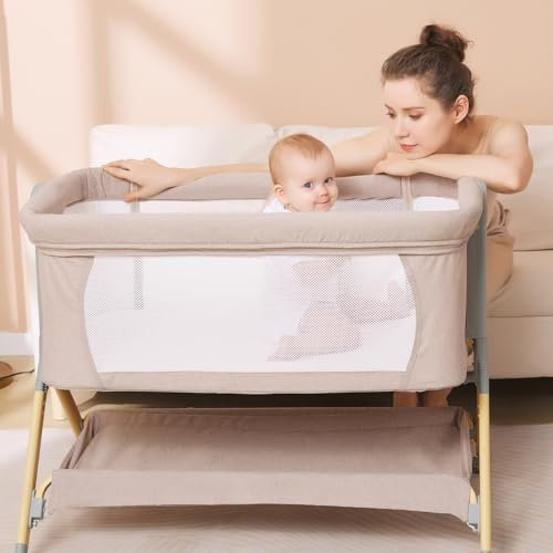 Familypoint Baby Stubenwagen mit wasserdichtem Matratzenbezug, Nachttisch Stubenwagen mit Rollen und Stauraum, höhenverstellbar, passend für jedes Bett, Babybett Krippe für Neugeborene (warmes Beige)