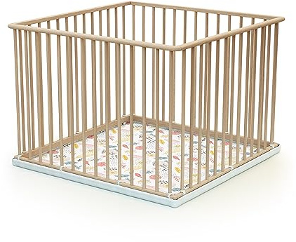 WEBABY - Laufstall baby Holz 100x100 Buche Natur | Gewicht: 8 kg |Laufgitter XXL solide und langlebig