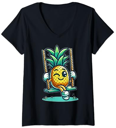 Femme Ananas joyeux, balançoire, mignon, fruits tropicaux, balançoire, humour T-Shirt avec Col en V