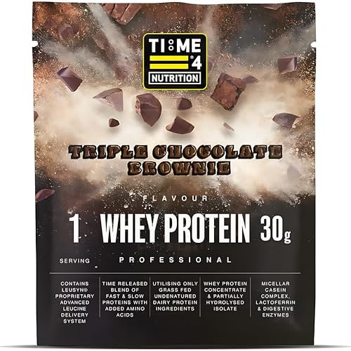 Time 4 Nutrition Whey Protein Professional Time Release Grass Fed Native Whey Protein Concentrate, Partially Hydrolysed Isolate & Micellar Casein (Triple Chocolate Brownie, 30g Sachet (Pack of 6))