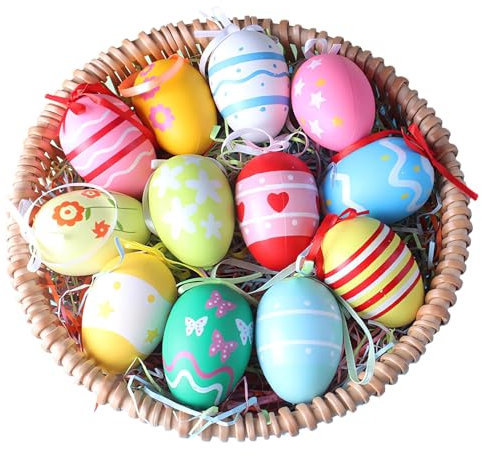 Easter Eggs Paintable, Hanging Plastic Rope, Basket Stuffers Artificial DIY Egg Decorating Kit for Hunt Event (A (12 Pack - 1 Dozen))